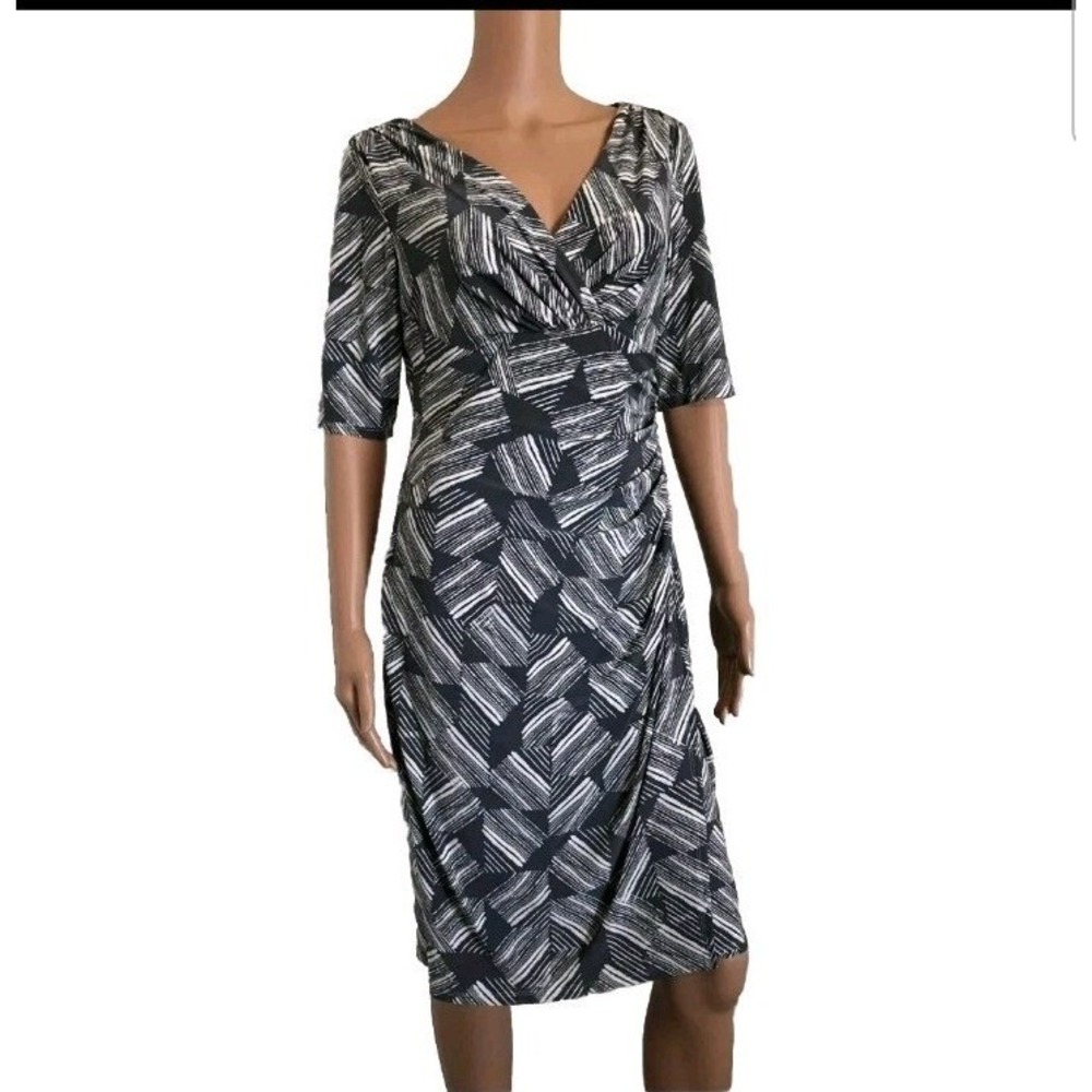 Lauren Ralph Lauren Womens Dress Size 12 Gray White Faux Wrap Ruched 3/4 Sleeve